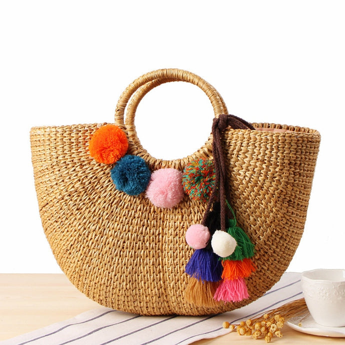 Handmade Beach Bag Straw Basket Totes Handbag